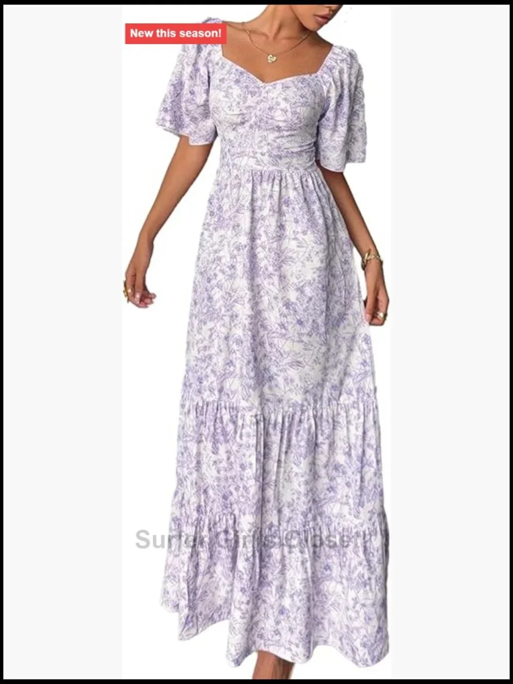 Women's Floral Maxi Dress Square Neck Puff Short Sleeve Boho Tiered High Waist